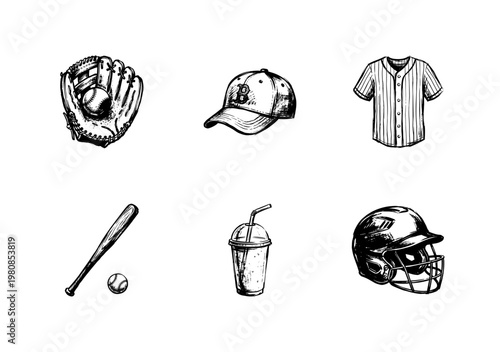 Baseball Equipment and Game Day Snacks with Clumsy Hand-Drawn Ink Doodle Style