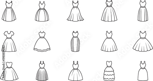 Black and white of women wearing various dresses and skirts fashion
