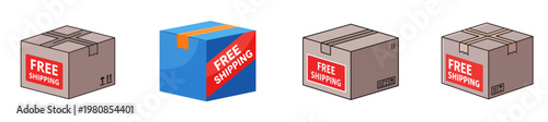 Set of four isometric boxes with Free Shipping labels representing e commerce and delivery services