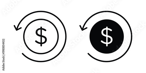 Money refund icon set vector symbol in black filled and stroke style