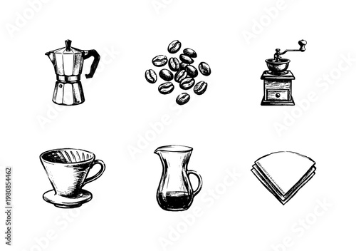 Coffee Brewing Equipment and Roasted Beans Set with Hand-Drawn Inky Doodle and Sketchy Fluidity