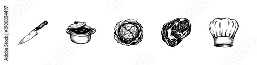 Kitchen Utensils and Cooking Ingredients Set with Hand-Drawn Inky Outlines and Sketchy Textured Colors