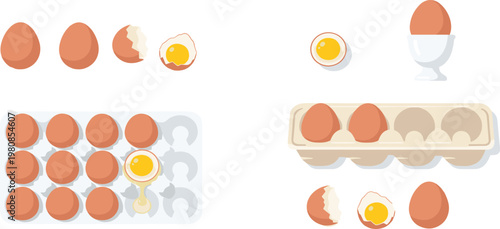 Set of Cartoon Eggs Including Whole, Cracked, and in an Egg Carton for Use in Digital Media, Food Illustrations, and Culinary Designs