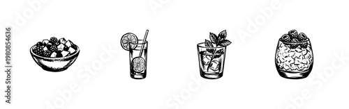 Refreshing Summer Cocktails and Cold Beverages with Fluid Engraving Style and Hand-Drawn Inky Aesthetic