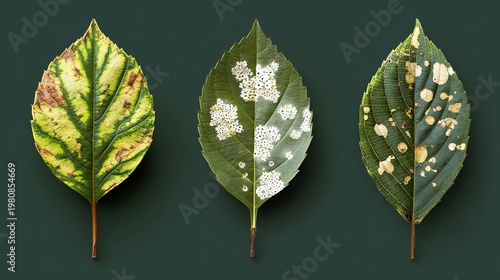 A close-up view of three distinct leaves showcasing unique textures and colors, highlighting the beauty and diversity of plant life. Perfect for nature enthusiasts and educators.
