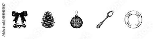 Christmas Holiday Dinnerware and Festive Decorations with Hand-Drawn Engraving Style and Vintage Engraving Style