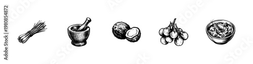 Thai Cuisine Ingredients and Traditional Asian Food Elements with Hand-Drawn Inky Doodle and Calligraphic Pen Doodle Strokes