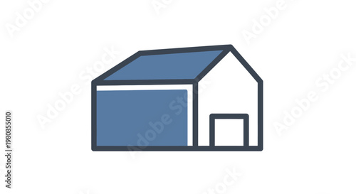 Simple drawing of a warehouse building in a clean, minimalist style. The illustration features a blue gable roof and a gray wall