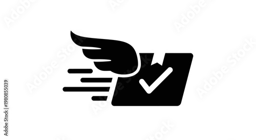 A stylish black logo of a flying document, with a check mark that represents fast delivery service