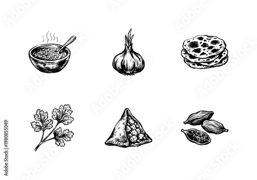 Indian Cuisine Food and Traditional Cooking Ingredients in Hand-Drawn Inky Brushstroke Style