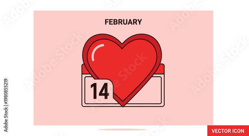 Love-themed calendar icon for Valentine's Day, with a large red heart prominently displayed. The date is set for February 14th, in celebration of romance and affection