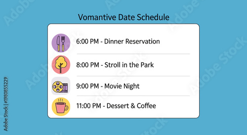 A romantic date schedule with four different activities illustrated with icons. The schedule suggests activities such as dinner, a stroll in the park, a movie night, and dessert with coffee