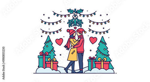 A couple standing under mistletoe, embracing each other with love, surrounded by Christmas decorations and gifts