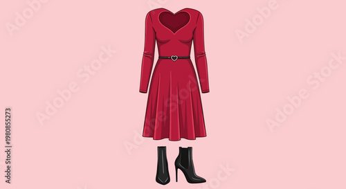 A stylish red dress with boots, perfect for a special occasion. The dress has a heart-shaped neckline