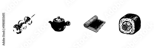 Japanese Cuisine and Traditional Sushi Elements with Inky Hand-Drawn Brush Strokes and Fluid Calligraphic Outlines