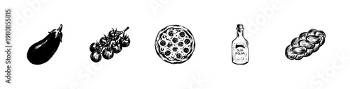 Italian Cuisine and Mediterranean Ingredients with Hand-Drawn Inky Brush Strokes and Organic Sketchy Textures