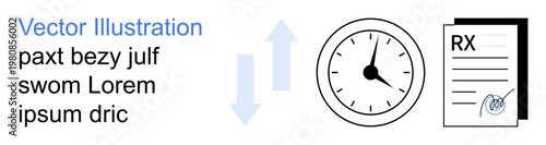 Time tracking, prescription processing, healthcare management, scheduling, workflow efficiency, medical services. Clock with arrows and a signed medical prescription. Time tracking and prescription