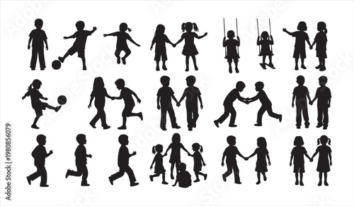 Silhouette of children playing together outdoor in a park on a sunny day with swings and slides