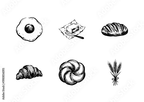 Organic Bakery Products and Breakfast Ingredients with Hand-Drawn Inky Doodle and Artistic Sketchy Strokes