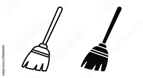 Two black and white broom illustrations depict cleaning tools a simple silhouette