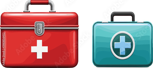 Set of Cartoon Medical Kits in Red and Blue with First Aid Symbols for Use in Digital Media, Health Illustrations, and Emergency Designs