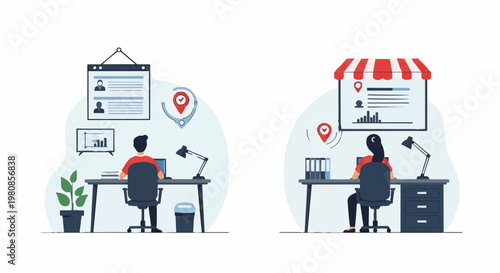 Remote Work and Local Business - Two People Working at Desks.