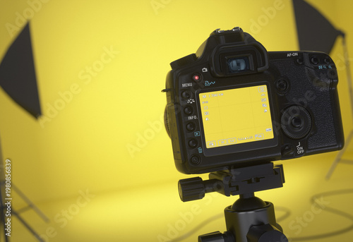 DSLR camera photographing a yellow studio with spotlights. Empty display and stage. Realistic 3D render.