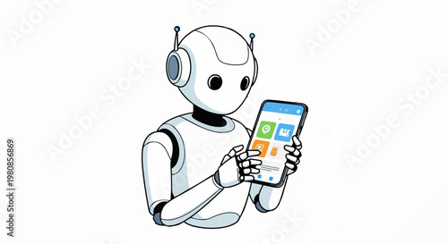 Robot Using a Smartphone with App Icons Displayed on Screen.