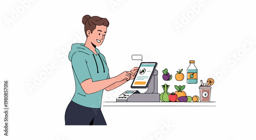 Woman Using POS System at Grocery Store Checkout.