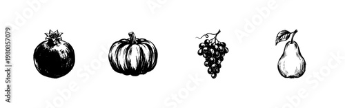 Fresh Fruits and Garden Vegetables with Inky Brush Strokes and Organic Hand-Drawn Fluidity for Kitchen Decor and Healthy Living Designs.