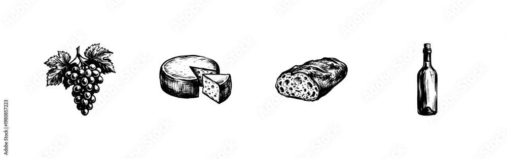 Fototapeta premium Cheese and Wine Tasting Elements with Inky Hand-Drawn Doodle and Organic Sketchy Style