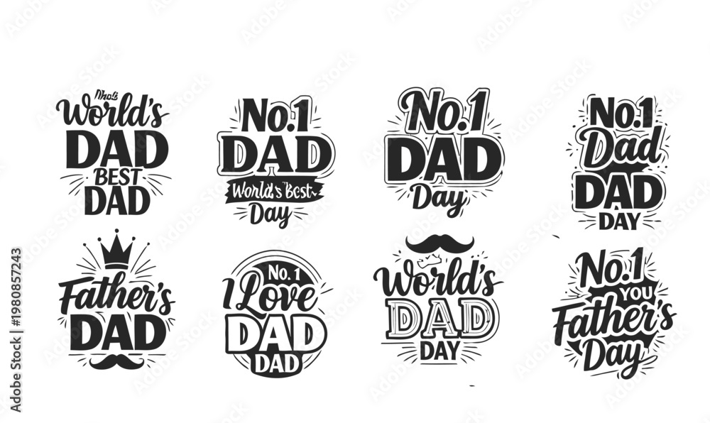 Obraz premium Father's day typographic art collection best dad inscriptions with crown and mustache vintage style designs for greeting cards and gifts set.