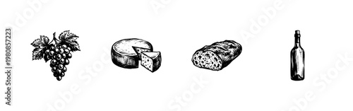 Cheese and Wine Tasting Elements with Inky Hand-Drawn Doodle and Organic Sketchy Style