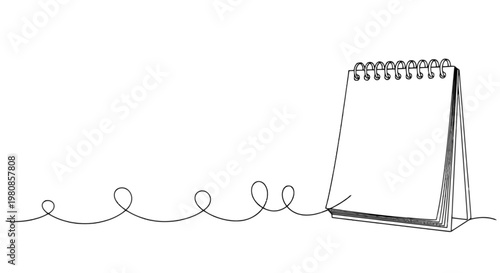 A spiral notebook resting beside a loose, wavy line drawing on white isolated on transparent background, Vector