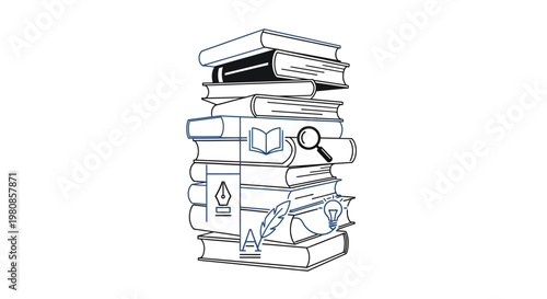 A line art illustration of a stack of books with educational and creative symbols