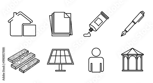 Collection of icons representing various residential and utility services isolated on transparent background, Vector