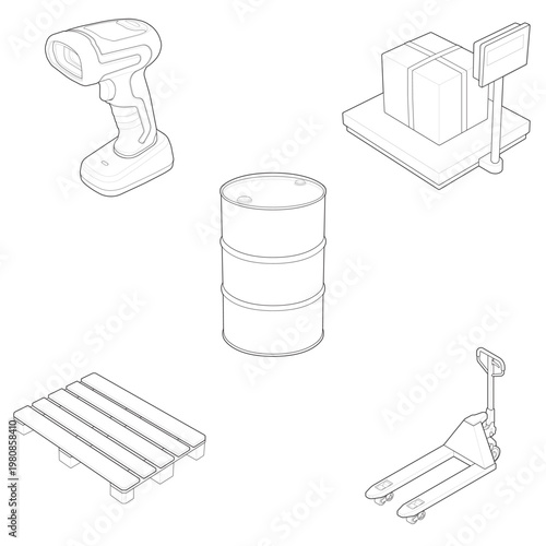 Isometric industrial metrology collection and hazmat chemical drum set linear drawing