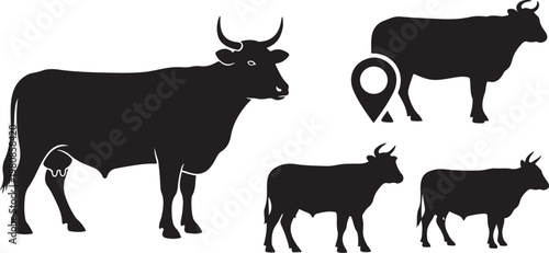 Black silhouettes of cows and calves on white background
