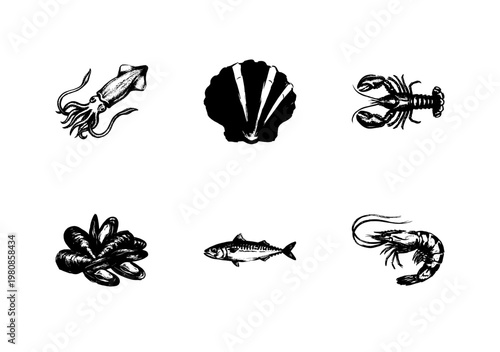 Sea Food and Fresh Marine Life Elements with Fluid Engraving Style and Hand-Drawn Sketchy Aesthetic