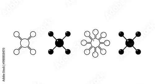 Four molecular structures with varying central atom connectivity and branching isolated on transparent background, Vector
