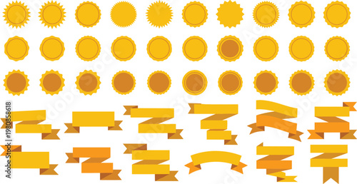 Golden Seal and Ribbon Banner Vector Set with Blank Marketing Badges, Starburst Labels, and Decorative Scrolls for Retail Sales, Product Promotions, Quality Certificates, and Award Recognition Designs