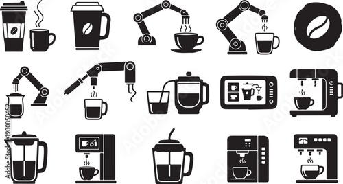 Coffee and robotic arms making coffee icons set black