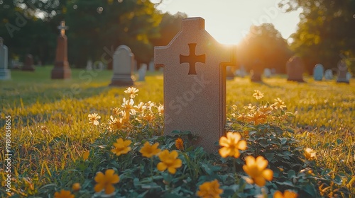 Old tombstone in a field, light through tree
