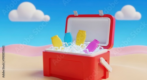 Red cooler box on sandy beach.