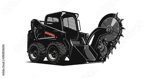 Black skid steer loader with front-mounted auger attachment for digging or trenching isolated on transparent background, Vector