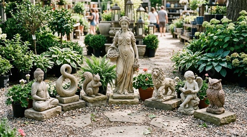 Display of decorative garden statues in a vibrant plant nursery  