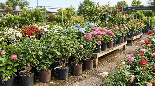 Outdoor section with flowering shrubs in various colors at nursery  