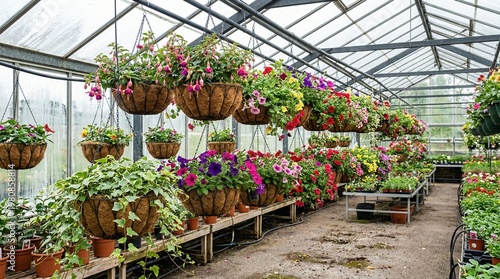Greenhouse with hanging baskets full of colorful flowers and plants  