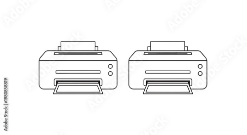 Two identical inkjet printers facing each other in a minimalist design style isolated on transparent background, Vector