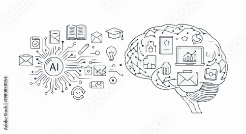 AI and Human Brain Connection - Conceptual Outline Illustration.